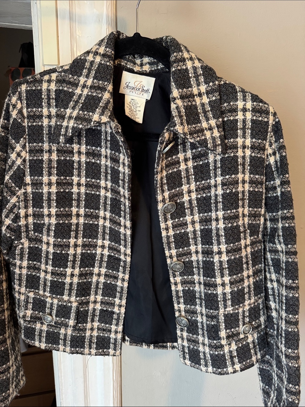 Jessica Scott Black, Beige, and White Plaid Cropped Blazer